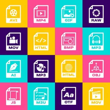 Set MOV file document, OBJ, MP3, GIF, HTML and icon. Vector 库存插图