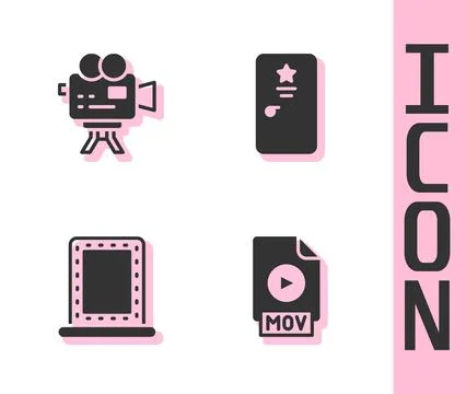 Set MOV file document, Retro cinema camera, Makeup mirror with lights and Stock Illustration