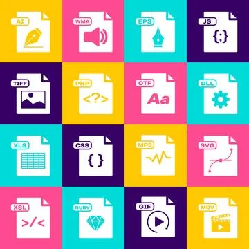Set MOV file document, SVG, DLL, EPS, PHP, TIFF, AI and OTF icon. Vector Stockillustratie