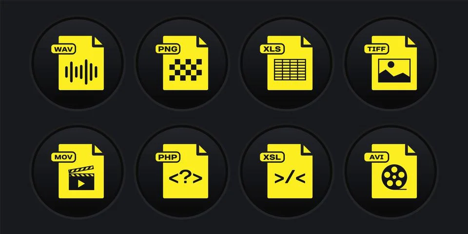 Set MOV file document, TIFF, PHP, XSL, XLS, PNG, AVI and WAV icon. Vector イラスト素材