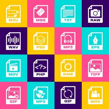 Set MOV file document, TIFF, EPS, TXT, PSD and WAV icon. Vector 스톡 일러스트