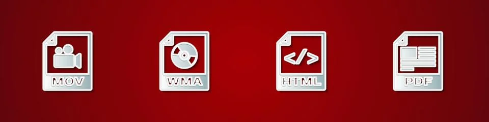 Set MOV file document, WMA, HTML and PDF icon. Vector Stock Illustration