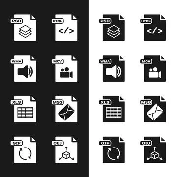Set MOV file document, WMA, PSD, HTML, XLS, MSG, OBJ and GIF icon. Vector Stockillustratie