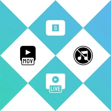Set MOV file, Live stream, Stop media button and Speaker mute icon. Vector Stock Illustration