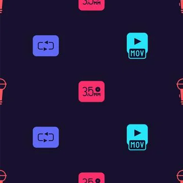 Set MOV file, Repeat button, Audio jack and Microphone on seamless pattern Stock Illustration
