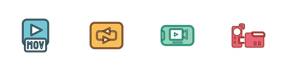 Set MOV file, Repeat button, Online play video and Cinema camera icon. Vector Stock Illustration