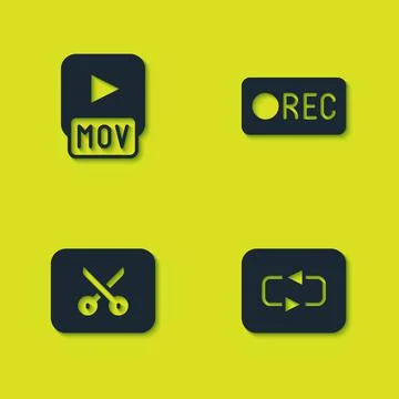 Set MOV file, Repeat button, Music or video editing and Record icon. Vector Stock Illustration