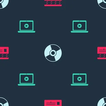 Set Movie clapper, CD or DVD disk and Online play video on seamless pattern Stock Illustration