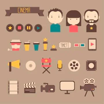 Set of movie design elements and cinema icons in flat style. Vector illustration Stock Illustration