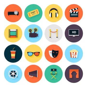 Set of movie design elements and cinema icons in flat style. Stock Illustration
