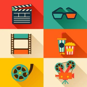 Set of movie design elements in flat style. Stock Illustration