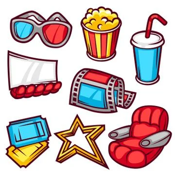 Set of movie elements and cinema objects in cartoon style Illustrazione stock