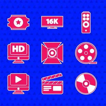 Set Movie spotlight, clapper, CD or DVD disk, Film reel, Online play video Stock Illustration