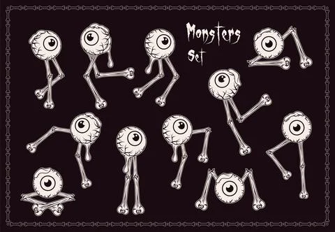 Set with moving, sitting monsters made of bones, human eyeballs with green go イラスト素材