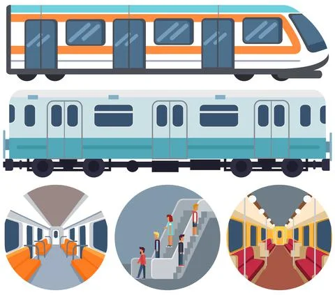 Set with moving staircase, navigation, passenger seats, trains of subway, public Ilustración de archivo