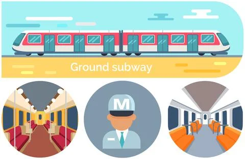 Set with moving staircase, navigation, passenger seats, trains of subway, public Ilustración de archivo