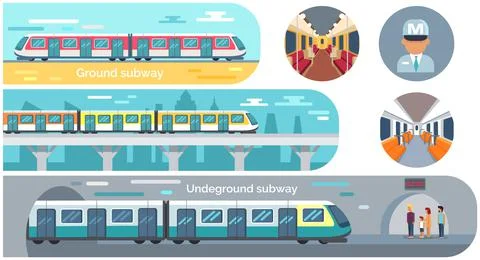 Set with moving staircase, navigation, passenger seats, trains of subway, public Ilustración de archivo