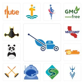 Set of mower, poseidon, winding road, astronaut helmet, streetbrush, tortilla Illustrazione stock gratuita