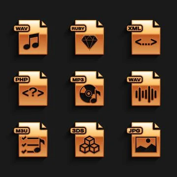 Set MP3 file document, 3DS, JPG, WAV, M3U, PHP, XML and icon. Vector Illustration