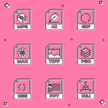 Set MP3 file document, AI, GIF, MAX, TIFF and PSD icon. Vector Stock Illustration