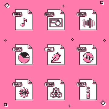 Set MP3 file document, BMP, WAV, PPT, AI, WMA, MAX and 3DS icon. Vector 库存插图