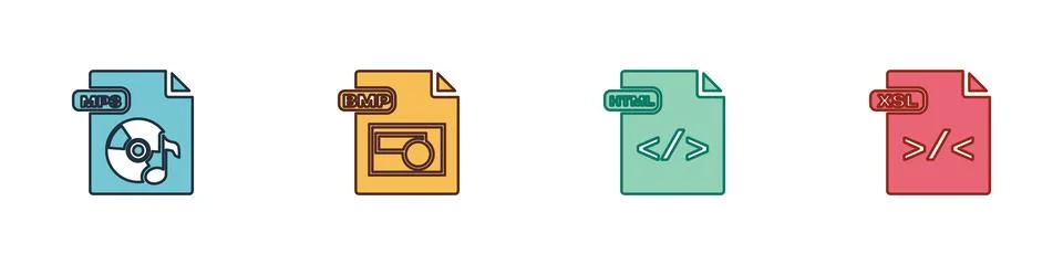 Set MP3 file document, BMP, HTML and XSL icon. Vector 스톡 일러스트