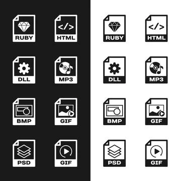 Set MP3 file document, DLL, RUBY, HTML, BMP and GIF icon. Vector Illustrazione stock
