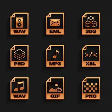 Set MP3 file document, GIF, PNG, XSL, WAV and PSD icon. Vector Stockillustratie