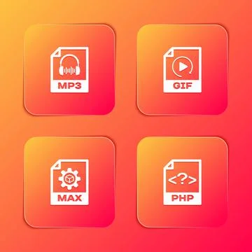 Set MP3 file document, GIF, MAX and PHP icon. Vector Stockillustratie