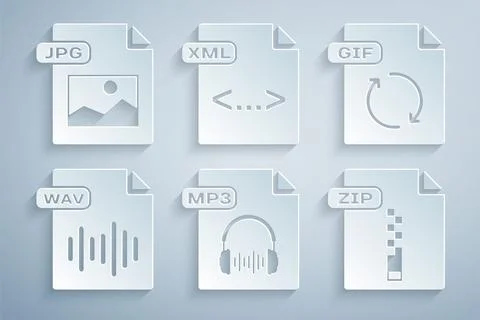 Set MP3 file document, GIF, WAV, ZIP, XML and JPG icon. Vector Stockillustratie