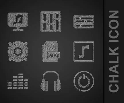 Set MP3 file document, Headphones, Power button, Music note, tone, equalizer, Illustrazione stock