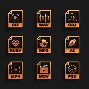 Set MP3 file document, MOV, PSD, AI, MP4 and RUBY icon. Vector Illustrazione stock