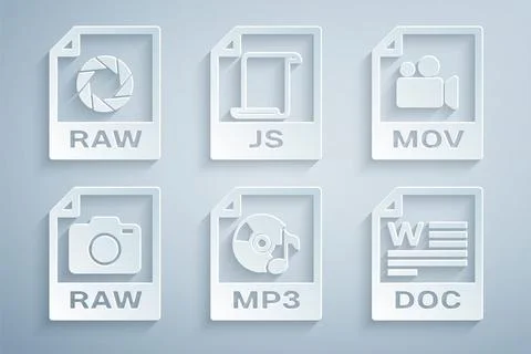 Set MP3 file document, MOV, RAW, DOC, JS and icon. Vector イラスト素材