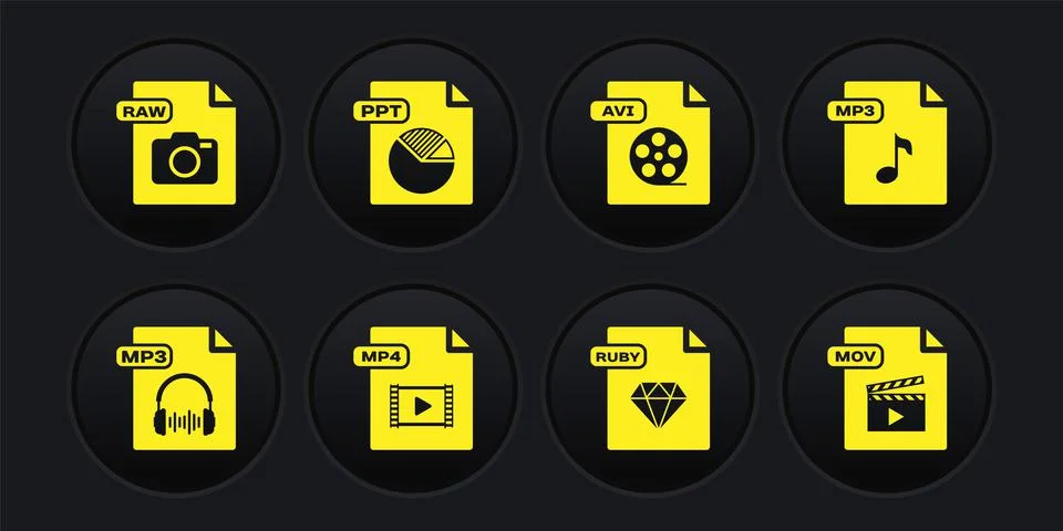 Set MP3 file document, MP4, RUBY, AVI, PPT, MOV and RAW icon. Vector Stock Illustration