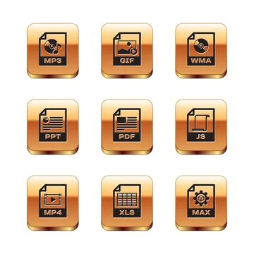 Set MP3 file document, MP4, XLS, PDF, PPT and WMA icon. Vector イラスト素材