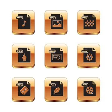Set MP3 file document, MSG, AI, BMP, EPS, PNG, AVI and JPG icon. Vector Stock Illustration
