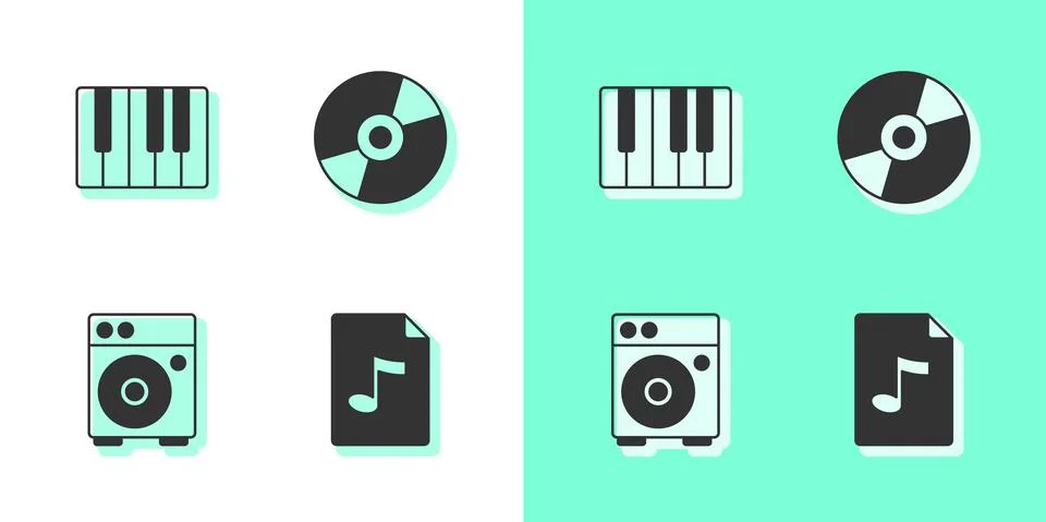 Set MP3 file document, Music synthesizer, Guitar amplifier and Vinyl disk icon Ilustração Stock