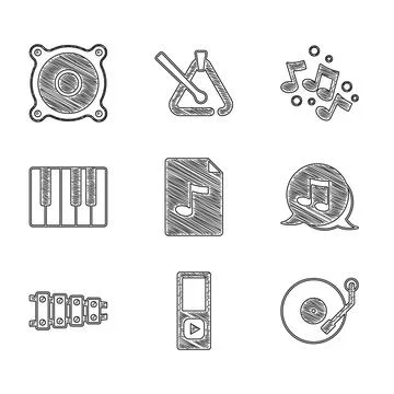 Set MP3 file document, Music player, Vinyl, note, tone, Xylophone, synthesi.. Stock Illustration