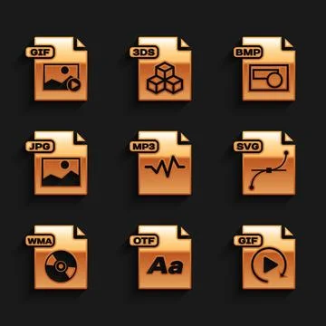 Set MP3 file document, OTF, GIF, SVG, WMA, JPG, BMP and  icon. Vector Illustrazione stock