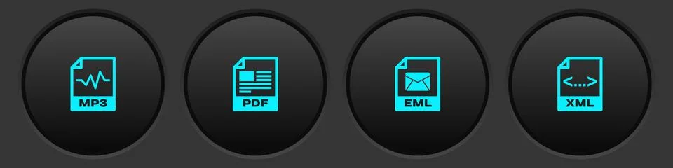 Set MP3 file document, PDF, EML and XML icon. Vector Stock Illustration