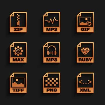 Set MP3 file document, PNG, XML, RUBY, TIFF and MAX icon. Vector Stock Illustration