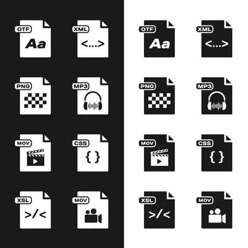 Set MP3 file document, PNG, OTF, XML, MOV, CSS, and XSL icon. Vector Stock Illustration