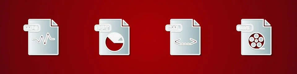 Set MP3 file document, PPT, XML and AVI icon. Vector Stock Illustration