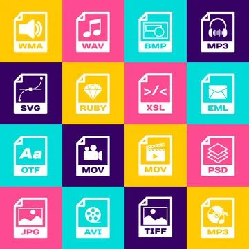 Set MP3 file document, PSD, EML, BMP, RUBY and SVG icon. Vector Illustrazione stock