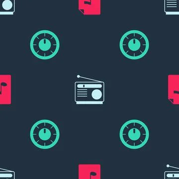 Set MP3 file document, Radio and Sound mixer controller on seamless pattern Stock Illustration