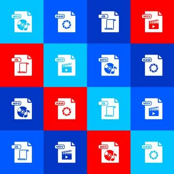 Set MP3 file document, RAW, JS and MOV icon. Vector Illustrazione stock