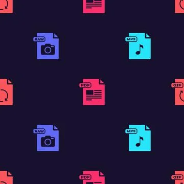 Set MP3 file document, RAW, PDF and GIF on seamless pattern. Vector Stock Illustration