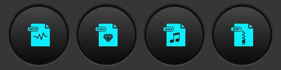 Set MP3 file document, RUBY, WAV and ZIP icon. Vector Stock Illustration