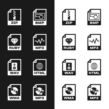 Set MP3 file document, RUBY, ZIP, BMP, WAV and HTML icon. Vector Stock Illustration
