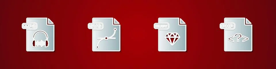 Set MP3 file document, SVG, RUBY and PHP icon. Vector Stock Illustration